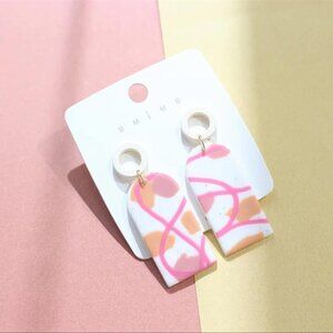 Boho Style Lightweight White Pink Soft Clay Statement Drop Earrings Splatter